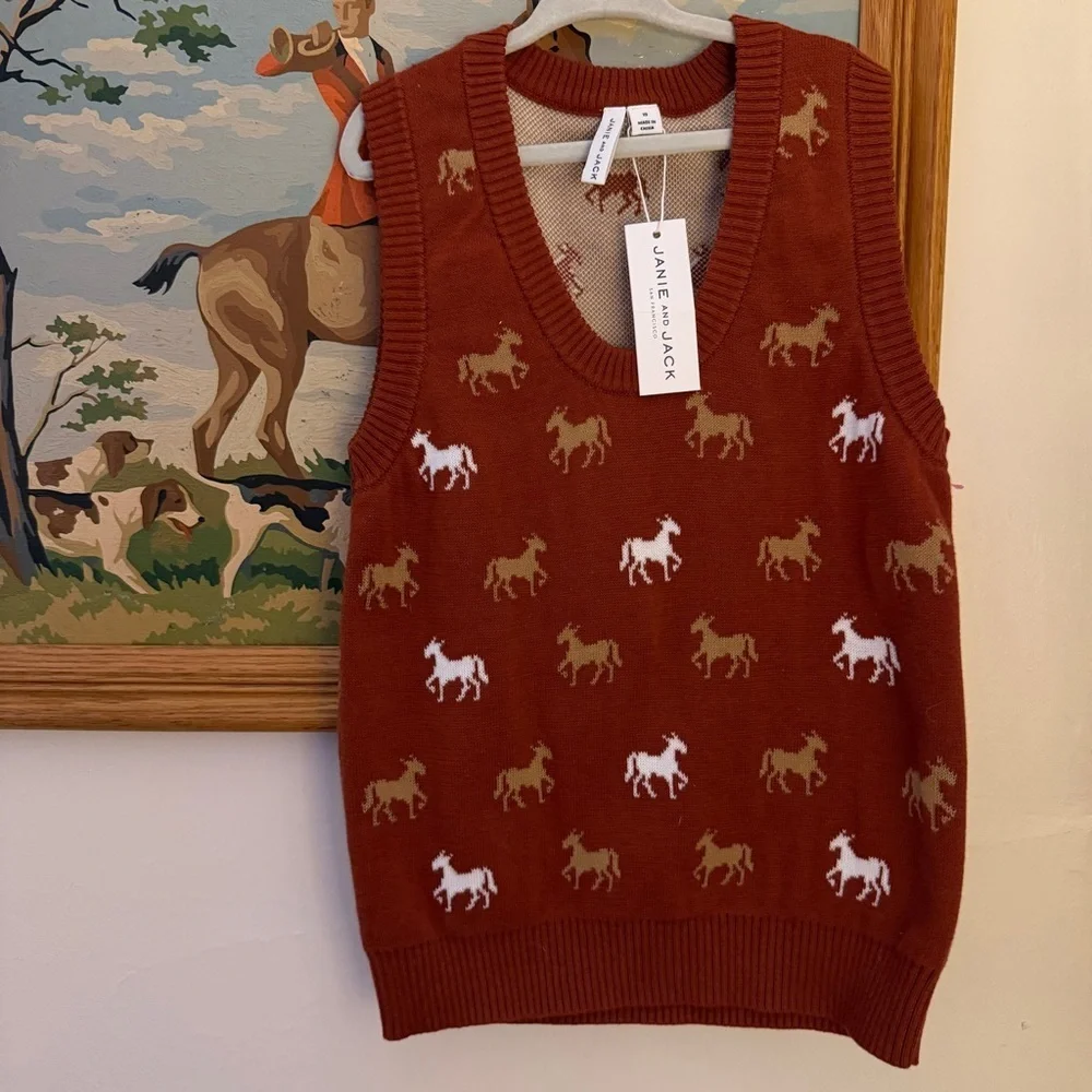 JANIE and JACK Horse Sweater Vest Burnt Henna Print Cotton Blend Unisex 10 NWT